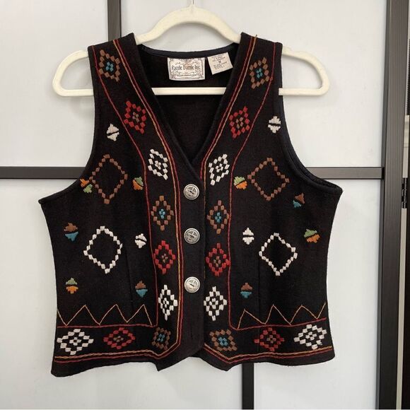 [m] Vintage Razzle Dazzle Black w/ Colourful Embroidery Wool Button-Down Vest - Picture 2 of 11